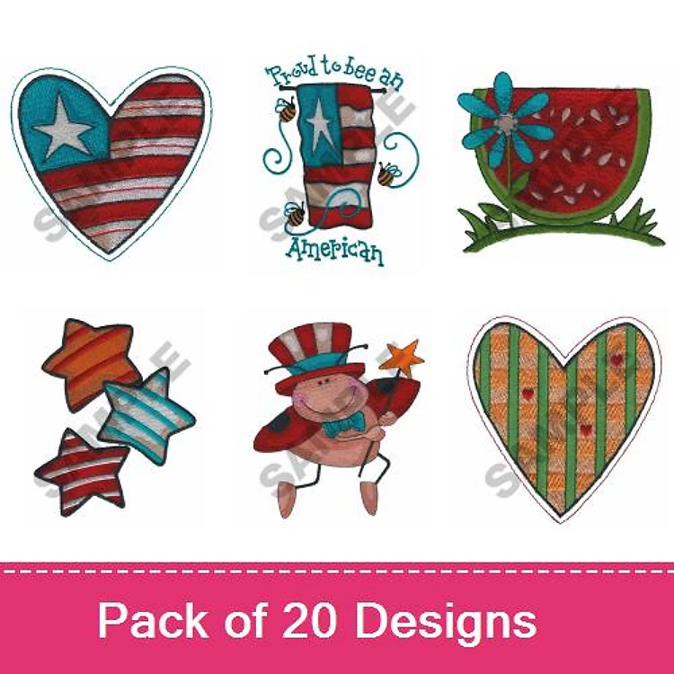 Applique Patriotic Embroidery Bundle – Patriotic Heart, Uncle Sam, Watermelon & More (20 Designs)
