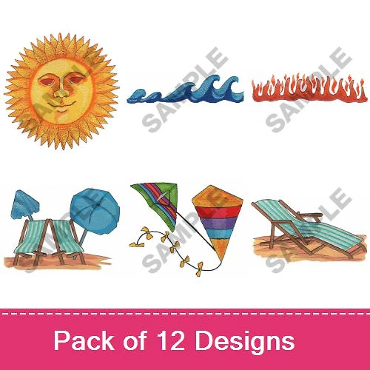 Beach & Sun Embroidery Designs Bundle – Sun, Waves, Flames, Beach Umbrella & More (12 Designs)