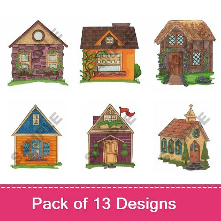 Charming Houses Embroidery Designs Bundle – Stone Cottage, Orange House with Vines, Rustic Brown House & More (13 Designs)