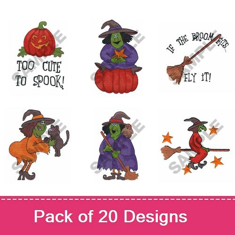 Halloween Witch Embroidery Designs Bundle – Too Cute to Spook, Witch on Pumpkin, Witch with Cat & More (20 Designs)