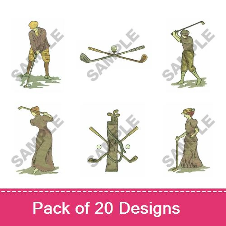 Golf-themed Embroidery Designs Bundle – Golfer Swinging, Vintage Golfer, Golf Clubs and Balls & More (20 Designs)