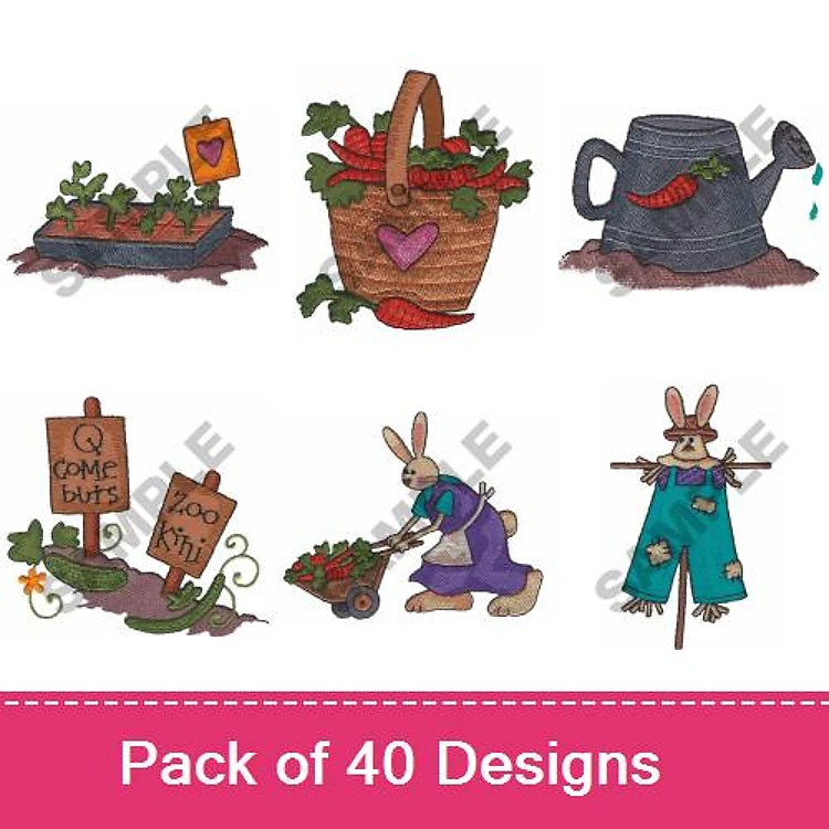 Gardening Themes Embroidery Designs Bundle – Garden Basket, Watering Can, Rabbit with Wheelbarrow & More (40 Designs)