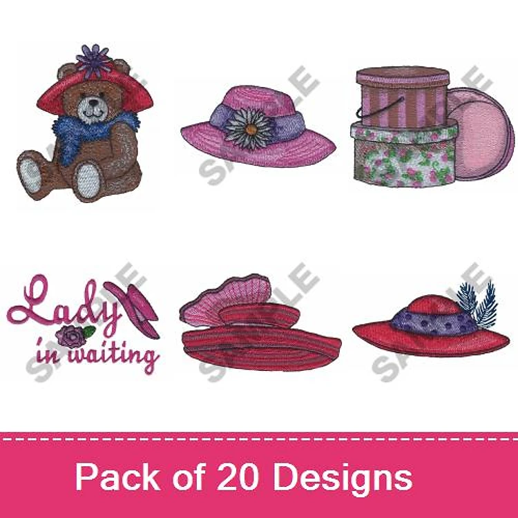Teddy Bear & Hats Embroidery Designs Bundle – Teddy Bear with Hat, Pink Hat with Flower & More (20 Designs)
