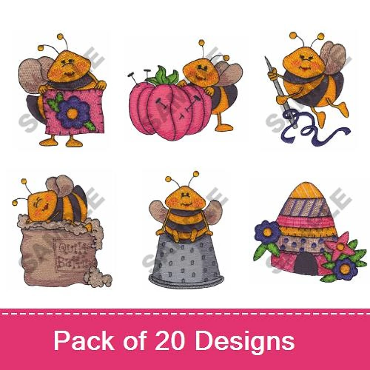 Bee-Themed Embroidery Designs Bundle – Bee with Flower, Bee with Pumpkin, Bee on Honey Jar & More (20 Designs)