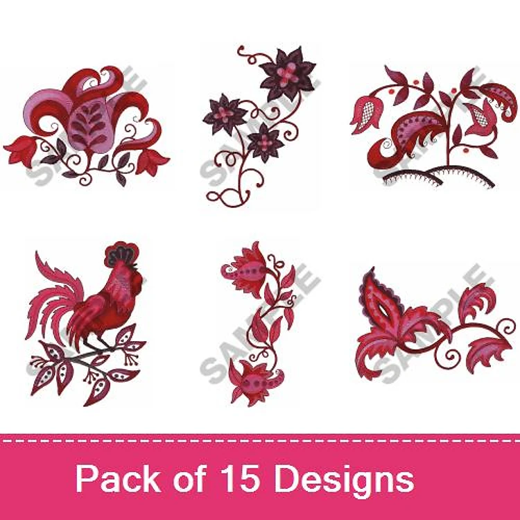 Floral and Rooster Embroidery Designs Bundle – Floral Heart, Leafy Flourish, Rooster & More (15 Designs)