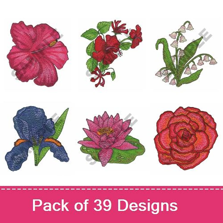 Floral Embroidery Bundle – Hibiscus, Lily of the Valley, Red Flowers Bouquet & More (39 Designs)