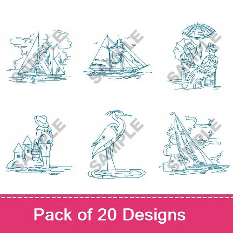 Redwork Nautical Scenes Embroidery Designs Bundle – Sailboat, Fishing Boat, Child with Boat & More (20 Designs)