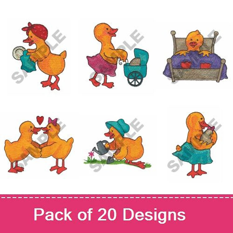 Charming Duck Characters Embroidery Designs Bundle – Dancing Duck with Plate, Duck with Stroller & More (20 Designs)
