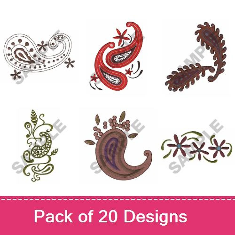 Paisley & Floral Embroidery Designs Bundle – Paisley Design 1, Floral Pattern 1, Paisley Leaf & More (20 Designs)