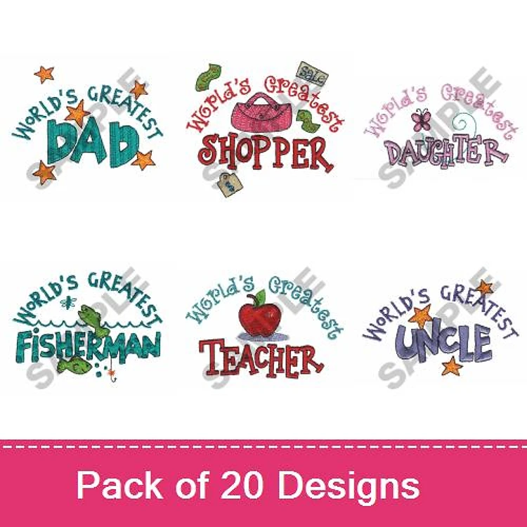 World's Greatest Titles Embroidery Designs Bundle – Dad, Shopper, Fisherman, Teacher & More (20 Designs)
