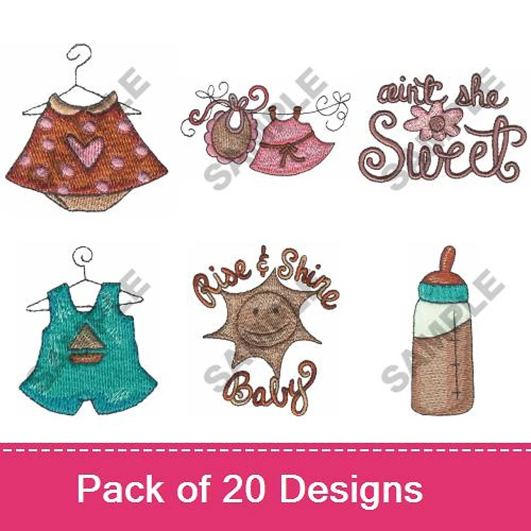 Baby Clothing & Accessories Embroidery Designs Bundle – Baby Dress with Heart Dots, Ain't She Sweet Text, Baby Bottle & More (20 Designs)