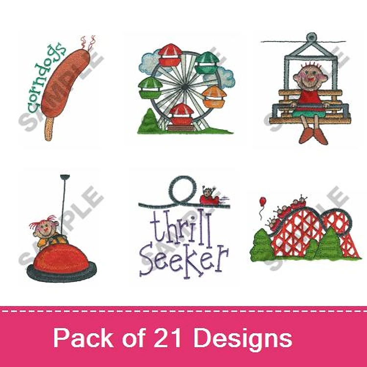 Carnival Amusement Park Embroidery Designs Bundle – Corn Dog, Ferris Wheel, Roller Coaster & More (21 Designs)