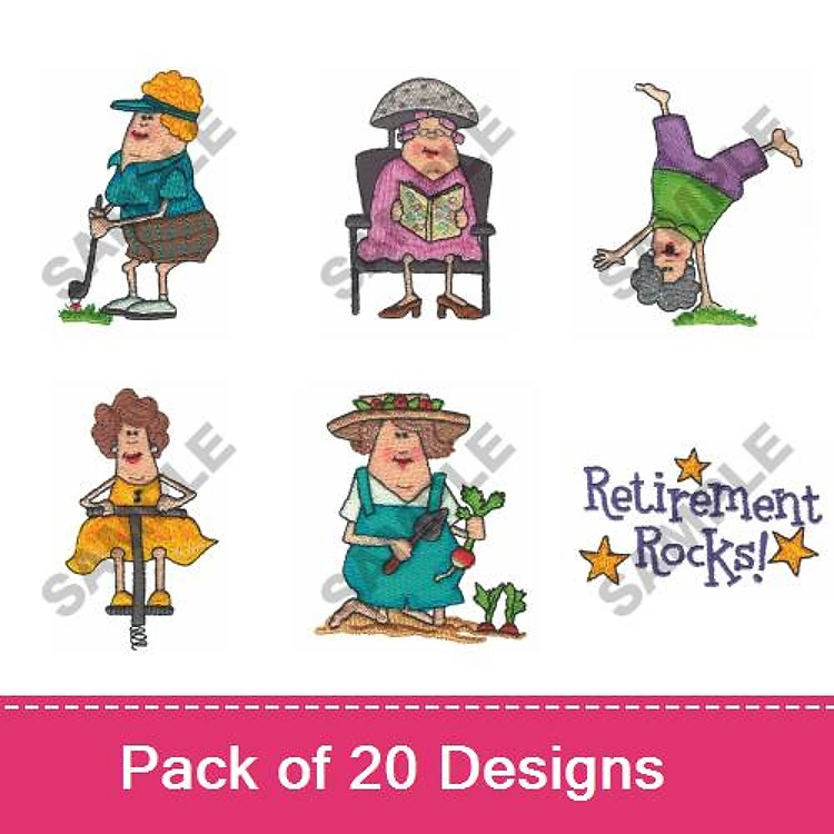 Retirement Theme Characters Embroidery Designs Bundle – Retirement Rocks!, Gardener Woman, Yoga Woman & More (20 Designs)
