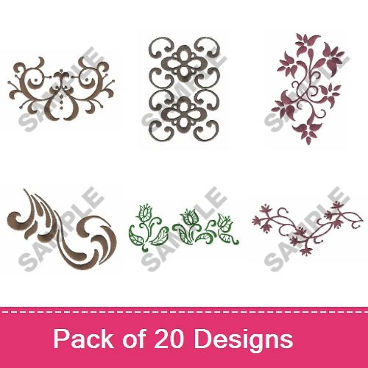 Floral and Decorative Elements Embroidery Designs Bundle – Floral Swirl, Decorative Floral, Abstract Pattern & More (20 Designs)