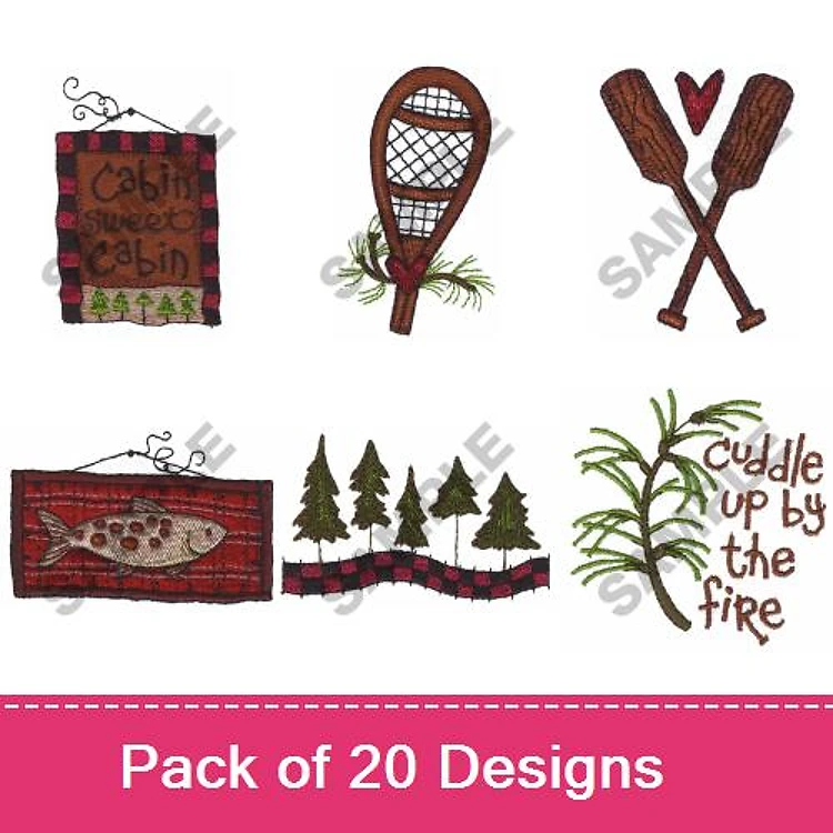 Cabin and Outdoor Themes Embroidery Designs Bundle – Cabin Sign, Snowshoe, Paddles with Heart & More (20 Designs)