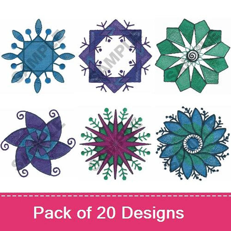 Floral Shapes Embroidery Designs Bundle – Snowflake, Spiral Flower, Lush Leaf & More (20 Designs)
