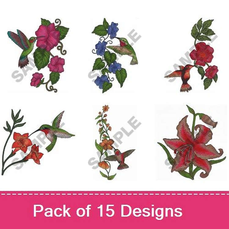 Hummingbirds & Flowers Embroidery Designs Bundle – Hummingbird with Flowers, Blue Hummingbird, Red Lily & More (15 Designs)