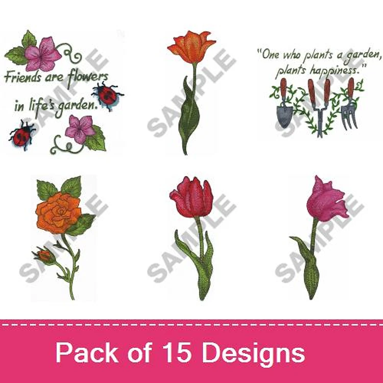 Garden Themed Embroidery Bundle – Floral Quote with Ladybugs, Orange Rose, Red Tulip & More (15 Designs)