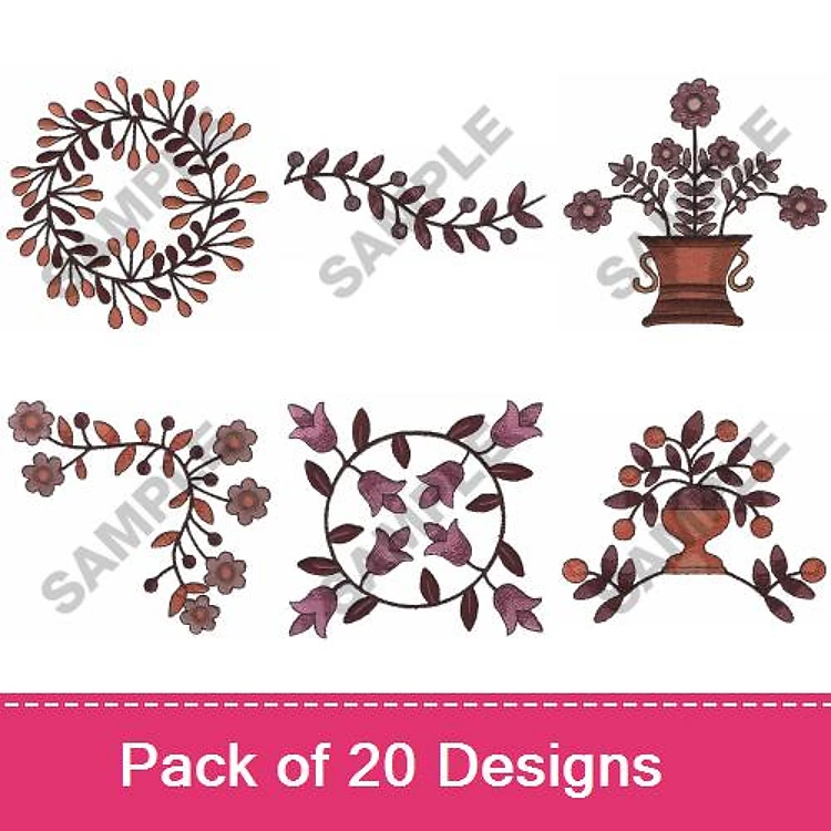Floral Embroidery Designs Bundle – Wreath of Leaves, Flower Pot with Bouquet, Vase with Flowers & More (20 Designs)
