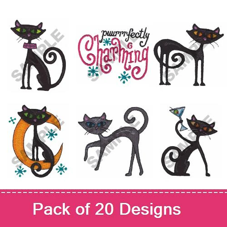Charming Black Cats Embroidery Designs Bundle – Black Cat with Bowtie, Black Cat with Moon, Curly-tailed Black Cat & More (20 Designs)