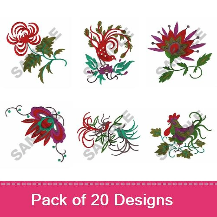 Floral and Bird Embroidery Designs Bundle – Red Floral, Curly Leaf, Colorful Rooster & More (20 Designs)