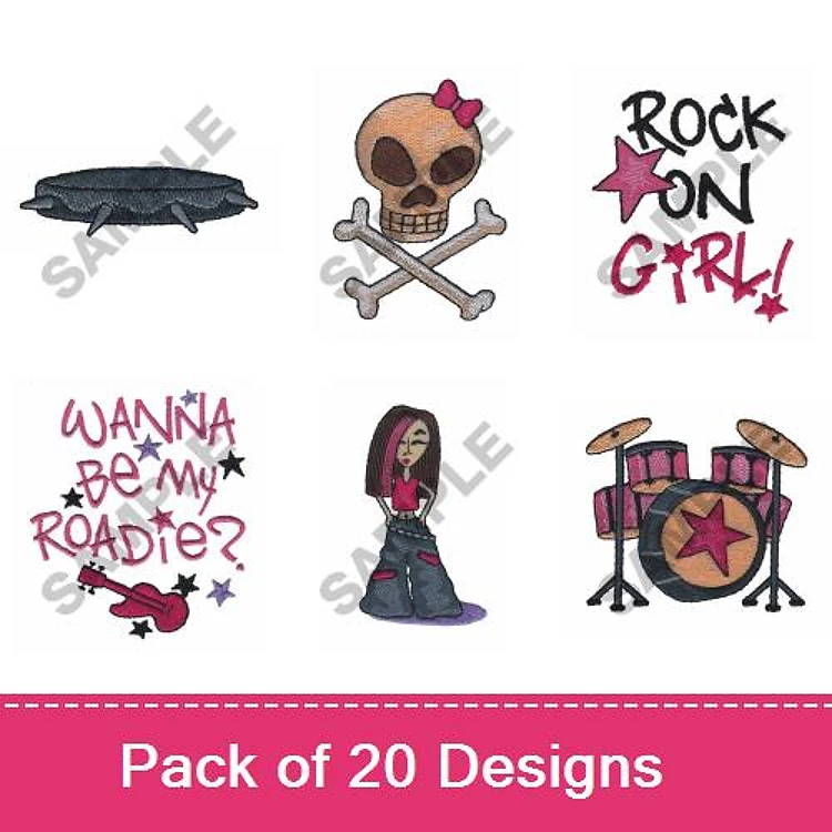 Rock and Music Embroidery Designs Bundle – Rock On Girl, Skull and Crossbones, Girl with Guitar & More (20 Designs)