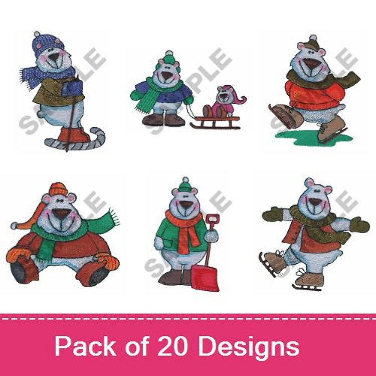 Winter Bears Embroidery Bundle – Skiing Bear, Sledding Bear, Dancing Bear & More (20 Designs)