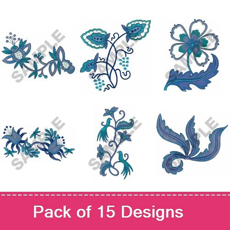 Floral Embroidery Designs Bundle – Flower with Leaves, Floral Vine, Bouquet of Flowers & More (15 Designs)