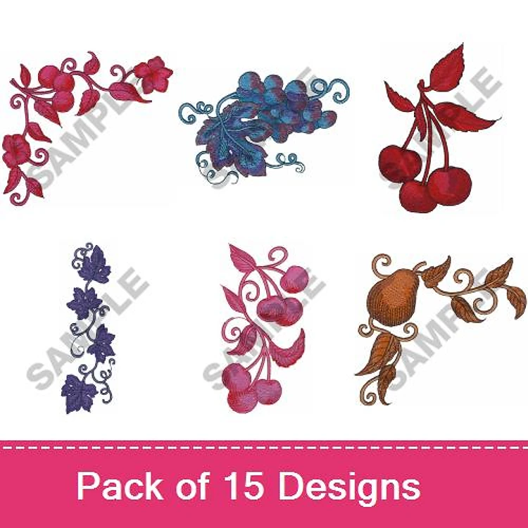 Floral & Fruit Embroidery Designs Bundle – Vine with Pink Flowers, Grapes in Blue, Cherry Cluster & More (15 Designs)