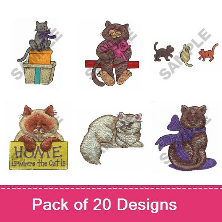 Cats Embroidery Bundle – Cat in Box, Sitting Cat with Scarf, Sleeping Cat & More (20 Designs)