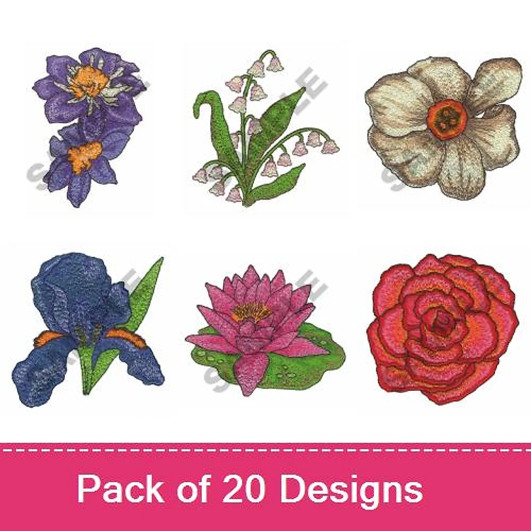 Floral Embroidery Designs Bundle – Purple Iris, Blue Iris, Red Rose & More (20 Designs)