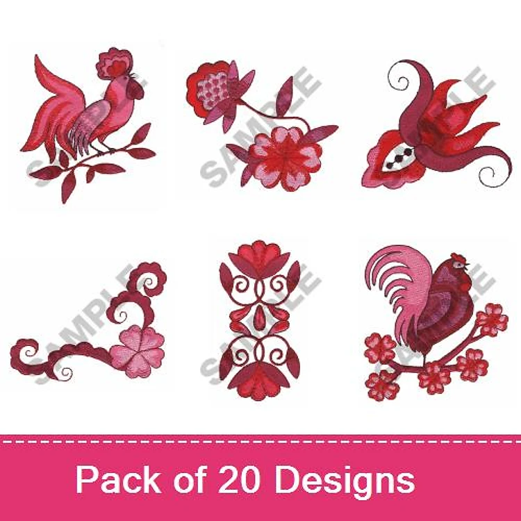 Floral and Bird Embroidery Bundle – Red Bird with Flowers, Decorative Bird, Ornate Flower & More (20 Designs)