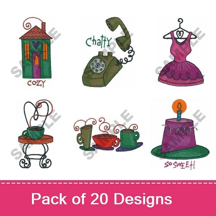 Whimsical Household Items Embroidery Designs Bundle – Cozy House, Chatty Phone, Sweet Cake & More (20 Designs)
