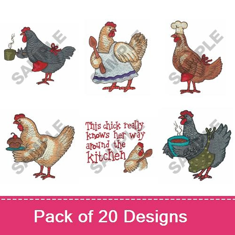 Kitchen-Themed Chickens Embroidery Designs Bundle – Cooking Chicken with Spoon, Chef Chicken, Charming Chicken & More (20 Designs)