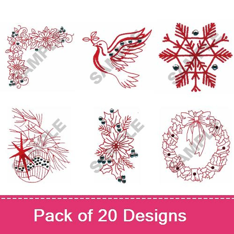 Redwork Holiday Decorations Embroidery Designs Bundle – Floral Corner, Dove, Snowflake & More (20 Designs)