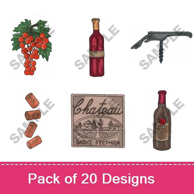 Wine and Vineyard Embroidery Designs Bundle – Grapes Cluster, Red Wine Bottle, Corkscrew & More (20 Designs)
