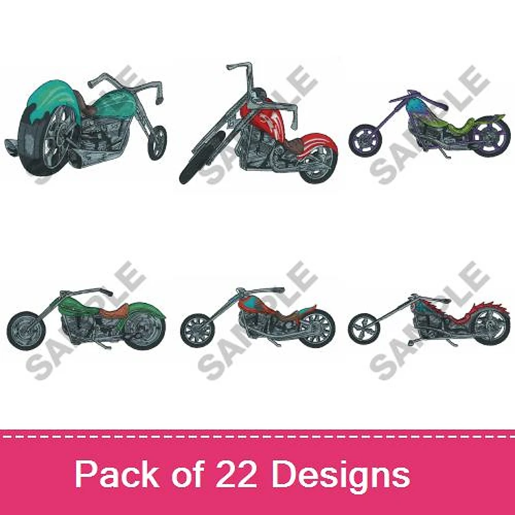 Motorcycle Embroidery Bundle – Chopper Motorcycle Green, Red & Purple, Cruiser Motorcycle Green, Red & Blue & More (22 Designs)