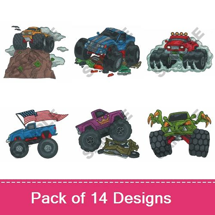 Monster Truck Embroidery Bundle – Orange, Blue, Red Trucks & More (14 Designs)