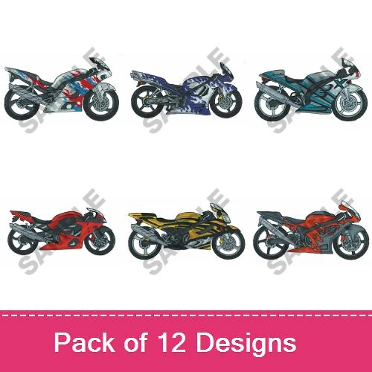 Sport Motorcycle Embroidery Designs Bundle – Sport Motorcycle Blue and Red, Black and Green, Red & More (12 Designs)