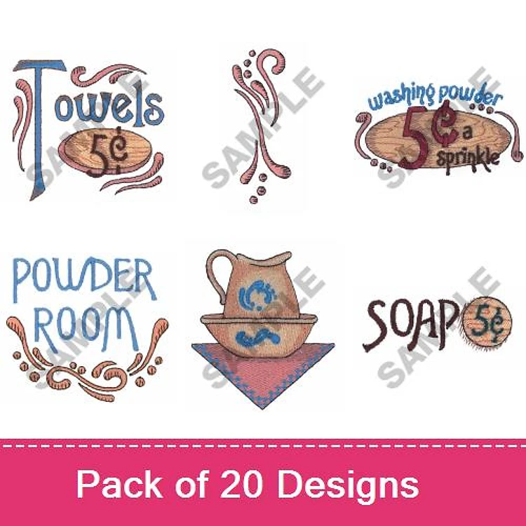 Laundry Room Decor Embroidery Designs Bundle – Towels Sign, Washing Powder Sign, Powder Room Sign, Soap Sign & More (20 Designs)