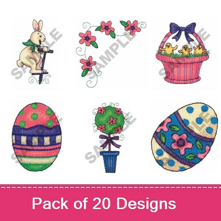 Easter Bunny Embroidery Designs Bundle – Bunny on Bicycle, Easter Basket, Flower Vine & More (20 Designs)