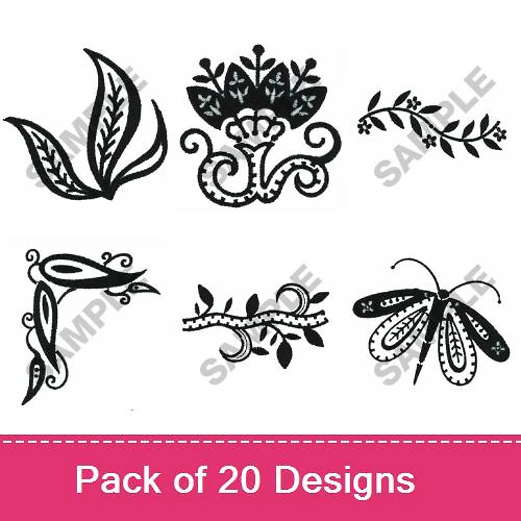 Floral and Nature Embroidery Designs Bundle – Leaf Design, Floral Ornament, Butterfly Design & More (20 Designs)