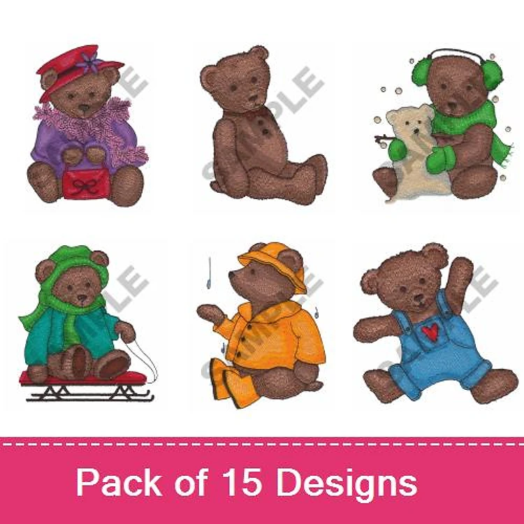 Cute Bear Embroidery Designs Bundle – Bear with Purple Coat, Bear with Green Scarf, Bear with Sled & More (15 Designs)