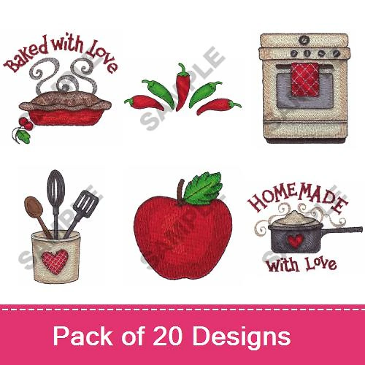 Baking and Cooking Embroidery Designs Bundle – Baked with Love, Chili Peppers, Oven & More (20 Designs)