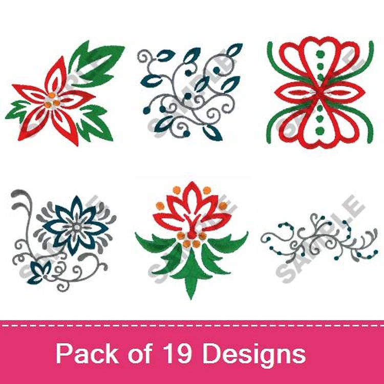 Floral Embroidery Designs Bundle – Red Flower with Leaves, Blue Floral Swirl, Multi-Colored Floral Arrangement & More (19 Designs)