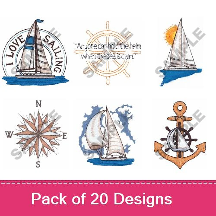 Nautical Sailing Embroidery Designs Bundle – Sailboat with Sun, I Love Sailing, Nautical Compass & More (20 Designs)