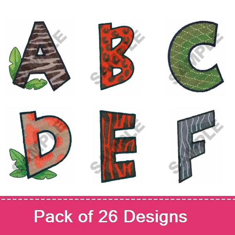 Applique Alphabet Letters Embroidery Bundle – Animal Print, Wood Texture, Green Waves & More (26 Designs)