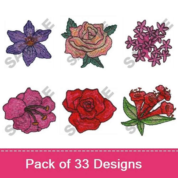 Floral Embroidery Designs Bundle – Violet Flower, Rose, Cherry Blossom & More (33 Designs)