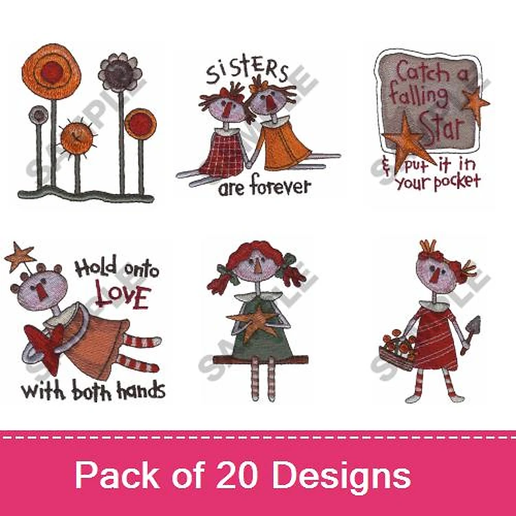 Girl & Flower Characters Embroidery Designs Bundle – Sisters Are Forever, Catch a Falling Star, & More (20 Designs)