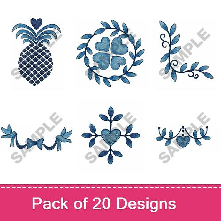 Floral and Decorative Elements Embroidery Designs Bundle – Pineapple with Heart, Circular Floral Wreath, Leafy Vine & More (20 Designs)